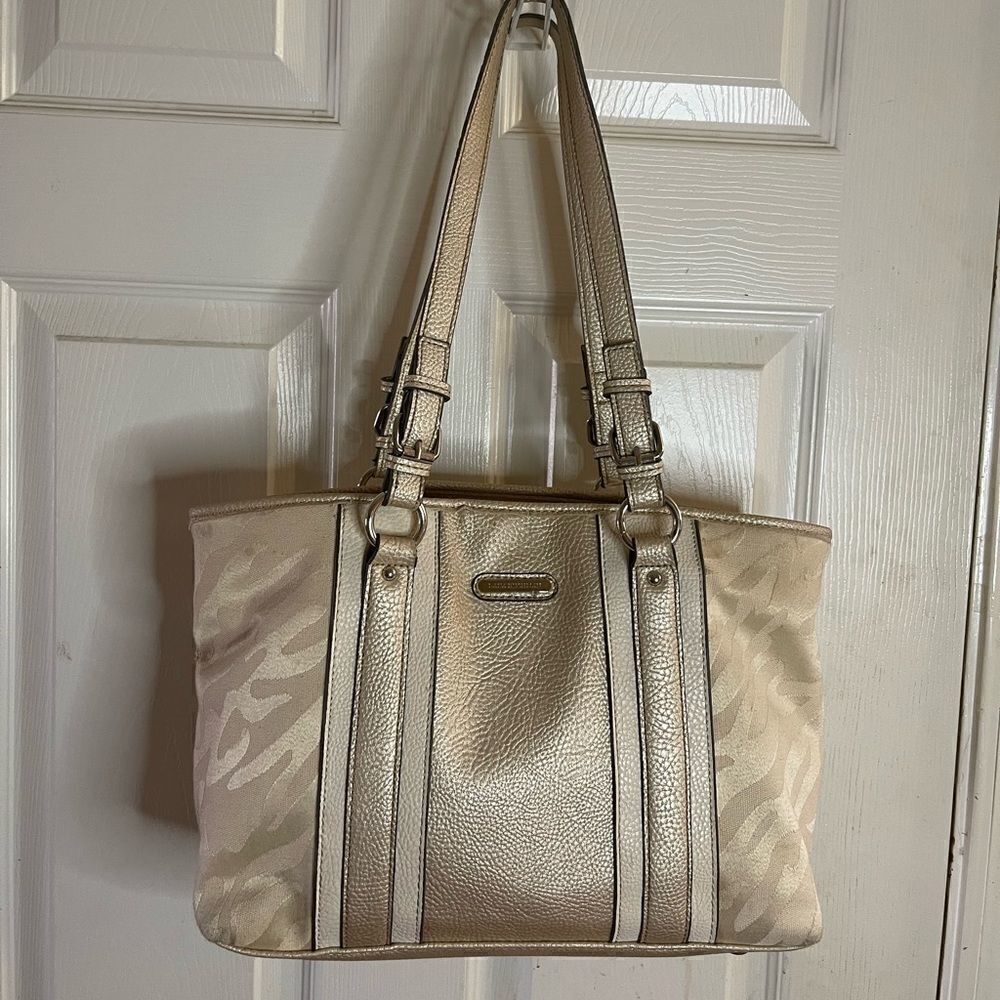 Dana  Buchman beige canvas and faux leather trims and accents shoulder bag.
